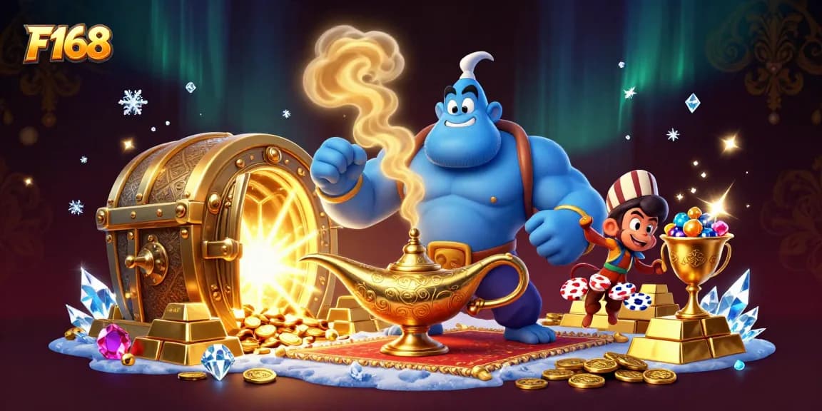 Engage in thrilling gaming experiences at F168 with vibrant casino visuals and golden treasures.