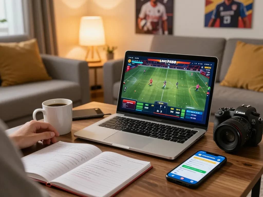 Engaging in online sports betting with Lucky888 app, laptop displaying game strategies in a cozy home setup.
