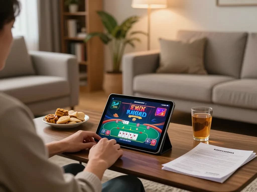 Player enjoying MK8 online casino gaming on a tablet in a cozy living room with strategic notes