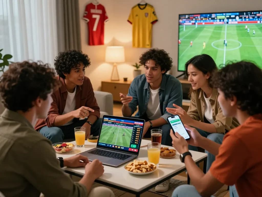 Exciting scene of friends engaging in kèo nhà cái discussions over a football match.