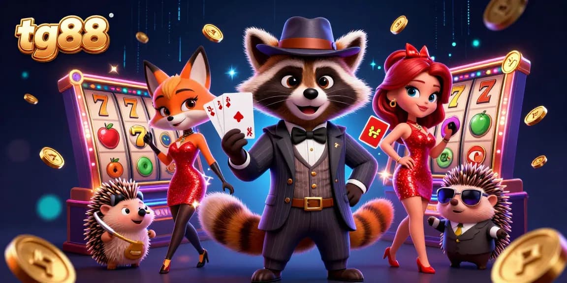 Spin jackpots with tg88's dynamic slot games featuring a suave raccoon and charming companions amidst sparkling coins.