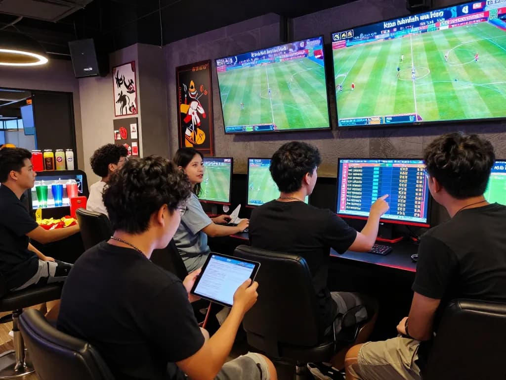 Sports betting group analyzing kèo nhà cái odds in vibrant gaming lounge, showcasing excitement and camaraderie.