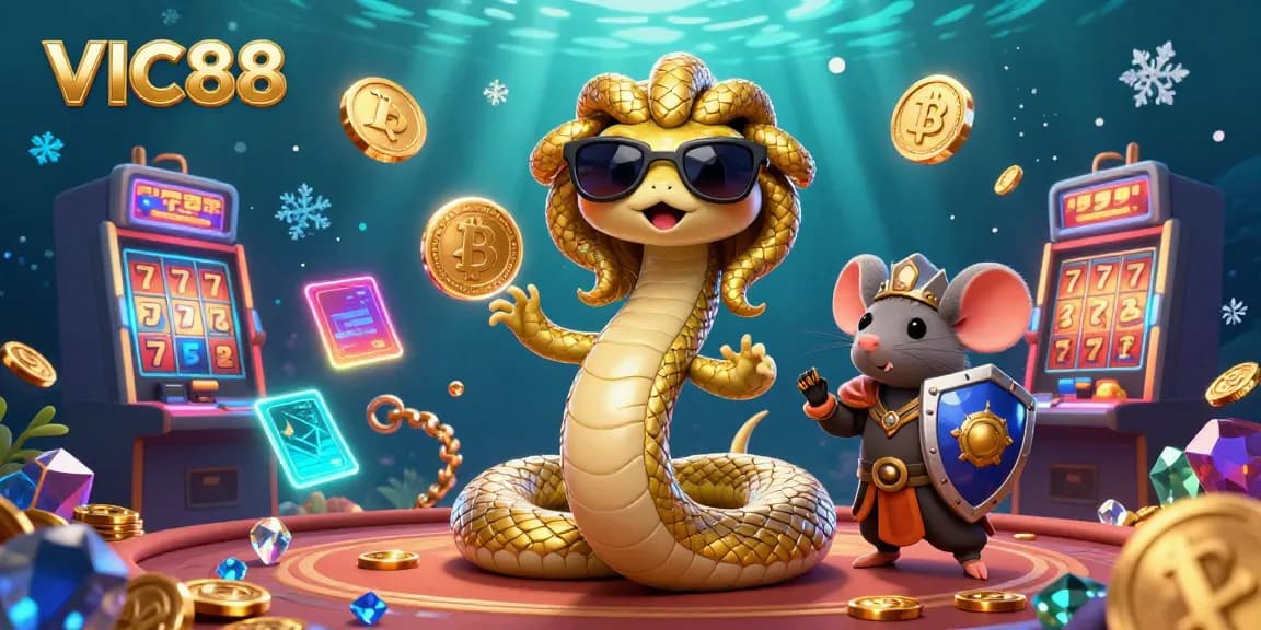 Experience thrilling slots with VIC88 in a 3D casino atmosphere featuring vibrant characters and cryptocurrency elements.
