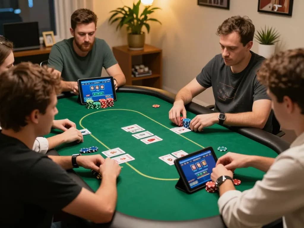 HI88 players enjoying an intense online poker game with strategic moves and colorful chips.