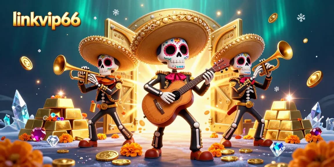 Experience thrilling wins at linkvip66 with a vibrant 3D Day of the Dead casino illustration.