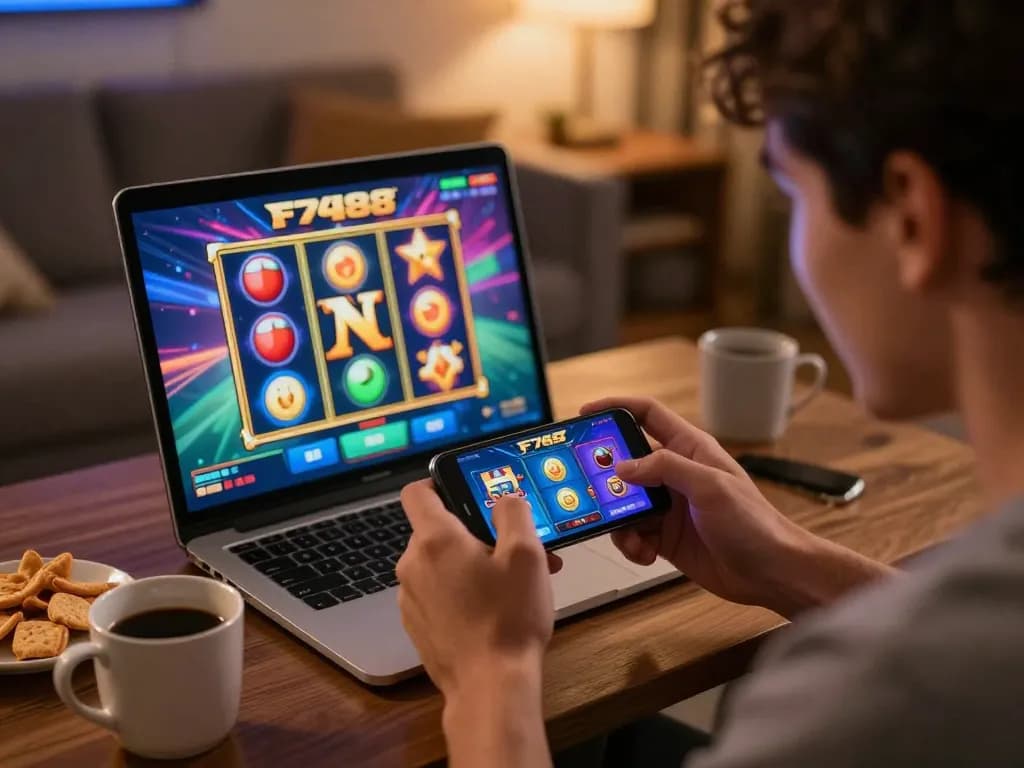 Player enjoying mobile gaming on the F168 app in a cozy living room.