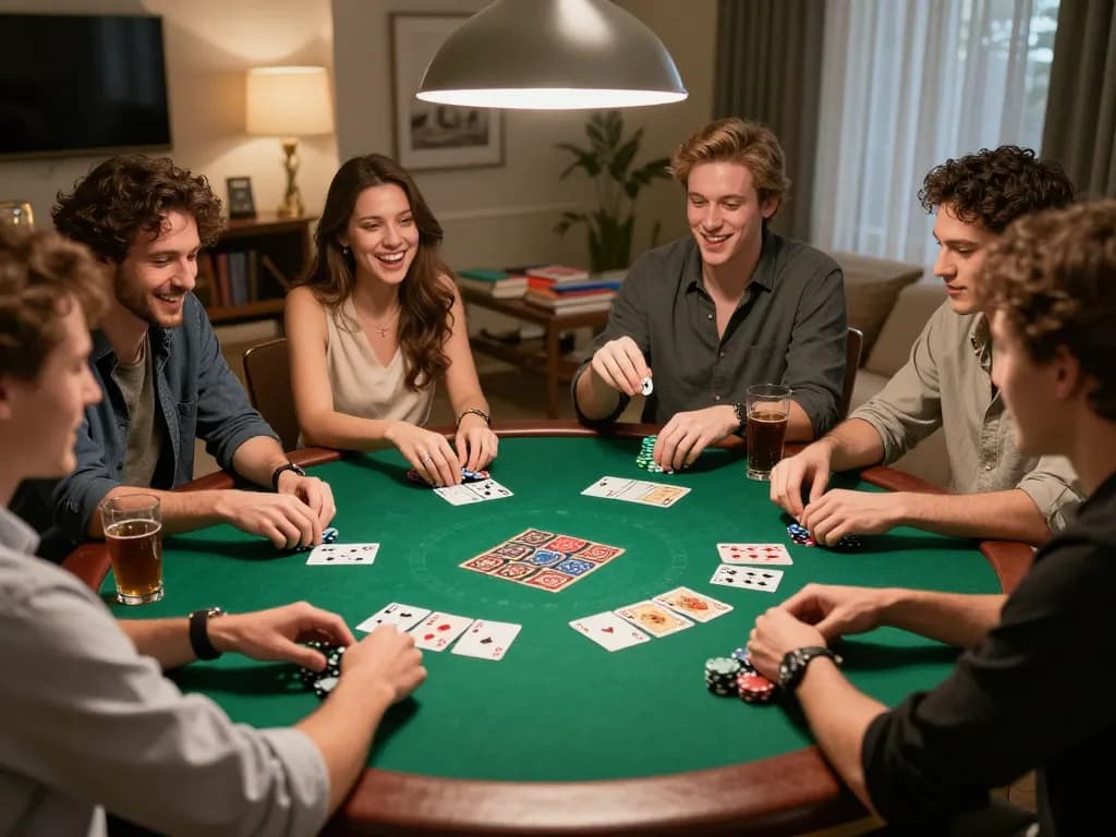 Friends playing poker at home for TG88, enjoying strategic gameplay with drinks and snacks.