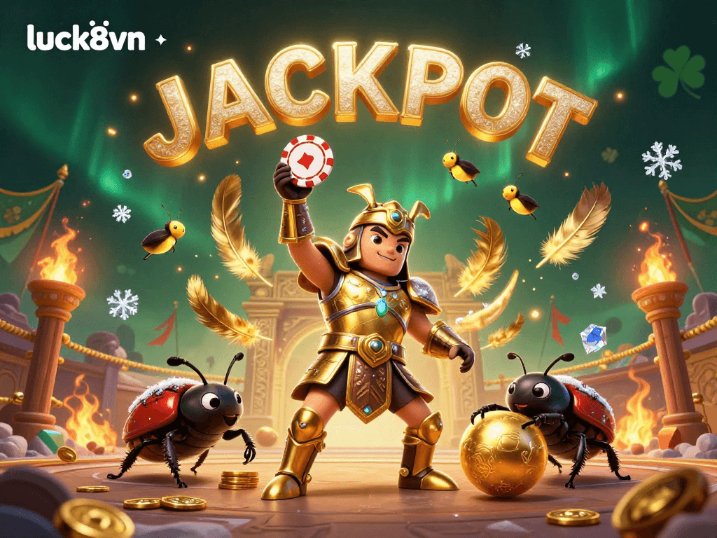 Experience luck8vn with a dynamic casino victory scene featuring a golden beetle winning with poker chips.