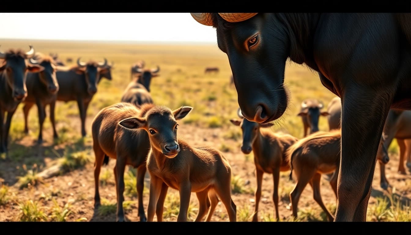 Witness newborns during the Wildebeest Calving season safari in a sunny savannah landscape.