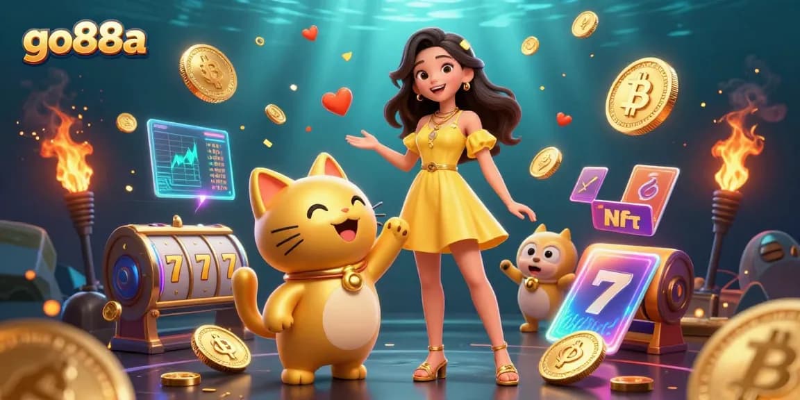 Experience vibrant gaming action at go88a with a cheerful Asian woman and a lucky cat mascot amidst flying coins.