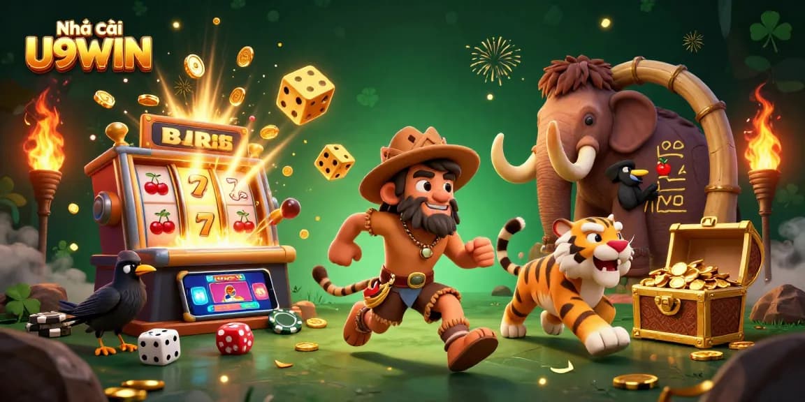 Experience the excitement at Nhà cái U9WIN with our dynamic casino scene featuring fun characters and thrilling gaming action.