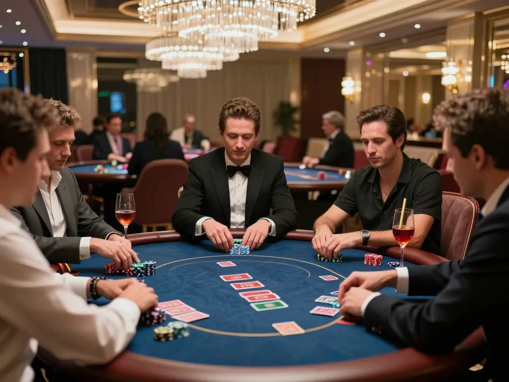 Max88net players strategizing at a luxurious poker table in an upscale casino setting.