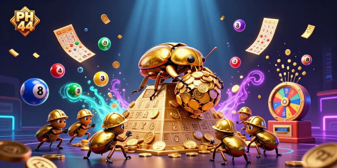 Experience the excitement of PH 44 with a vibrant casino scene featuring golden beetles and dynamic lottery elements.