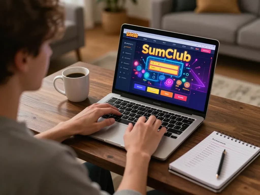 Engaged player exploring SumClub gaming interface on laptop in cozy home, showcasing strategic gambling.