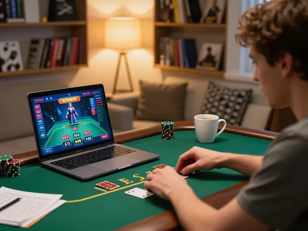 Engaged player strategizing in blackjack at gg88 online casino in a cozy home setup