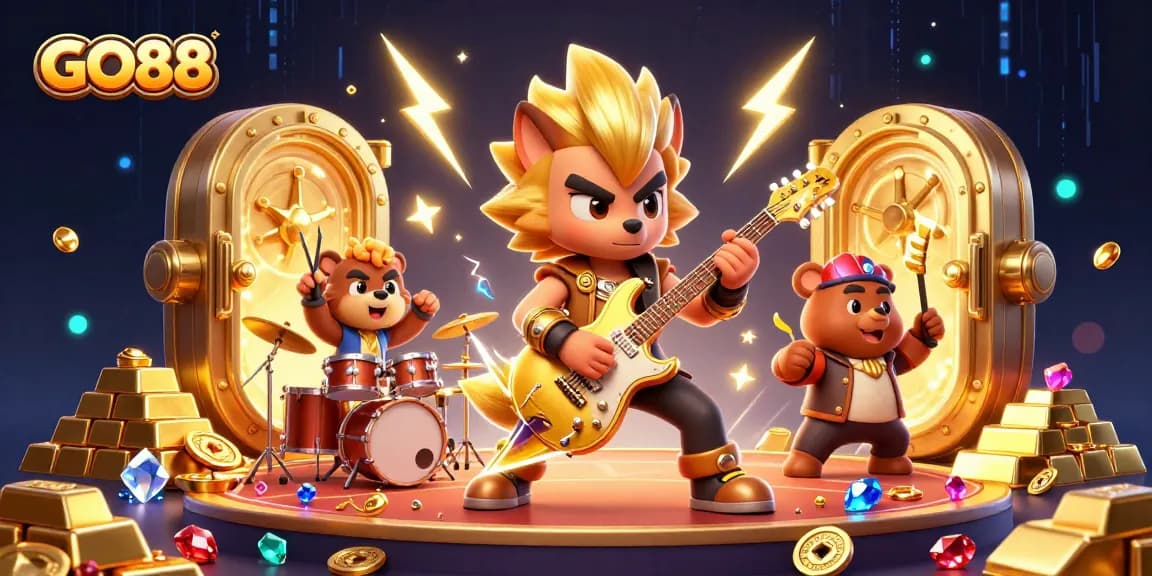 Experience excitement with GO88 as a cartoon wolf rocks out on a vibrant casino stage