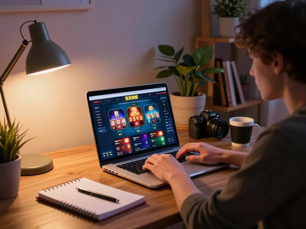SX88 player focused on online gaming strategy at stylish home setup with laptop, coffee, and notes