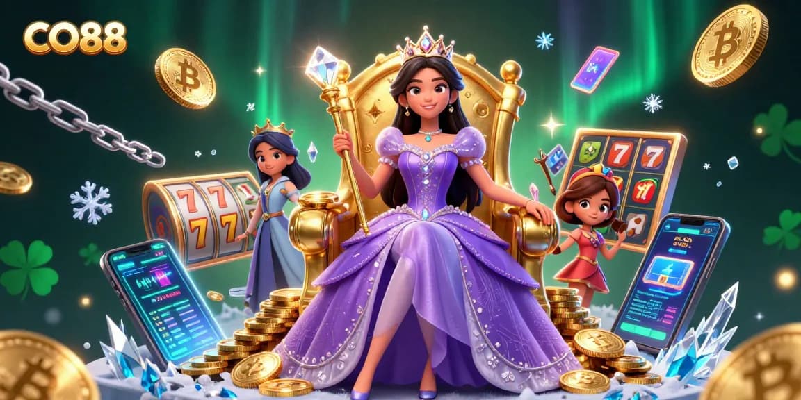 Experience the thrill of winning with CO88 as a beautiful princess amidst casino elements.