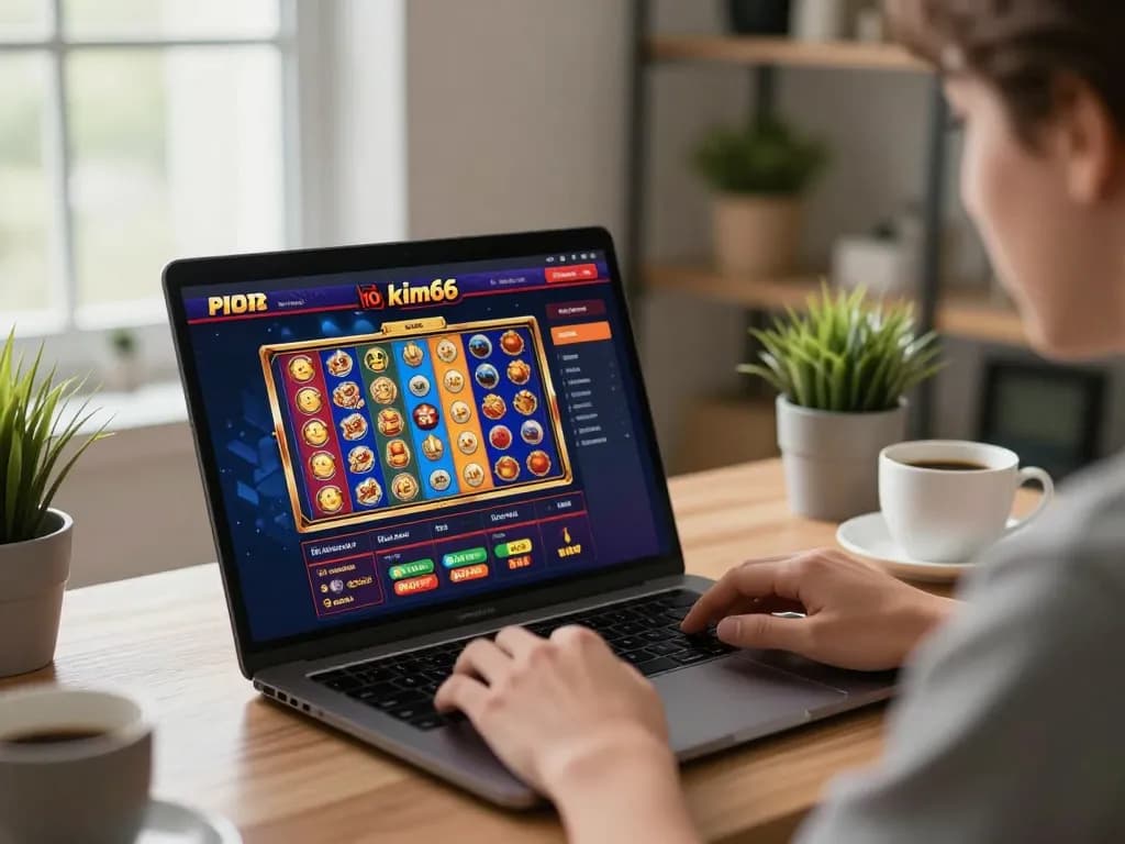 Player engaged in online gaming at nhà cái kim66 site, showcasing vibrant slots interface on laptop.