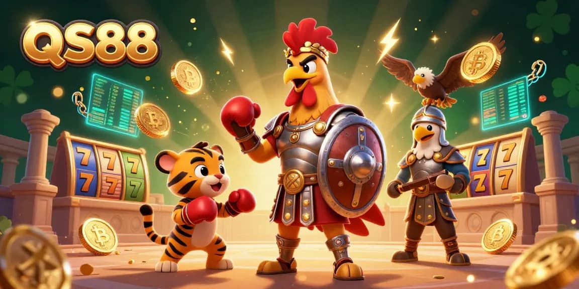 Join the thrilling world of QS88, where gladiator roosters and tigers fight for big slot jackpots amidst glowing coins!