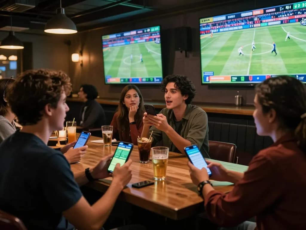 Dynamic sports betting at https://shbet.id/ with friends cheering while using betting apps