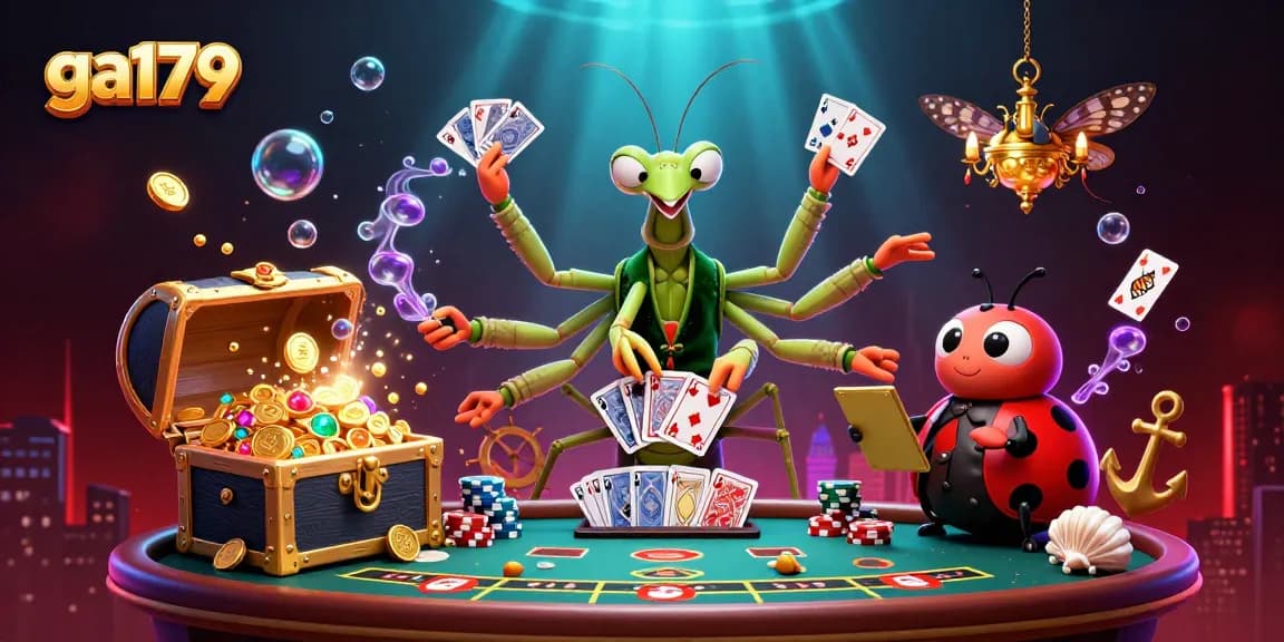 Engage with ga179 as the praying mantis card sharp serves in a lively casino scene filled with vibrant treasures.