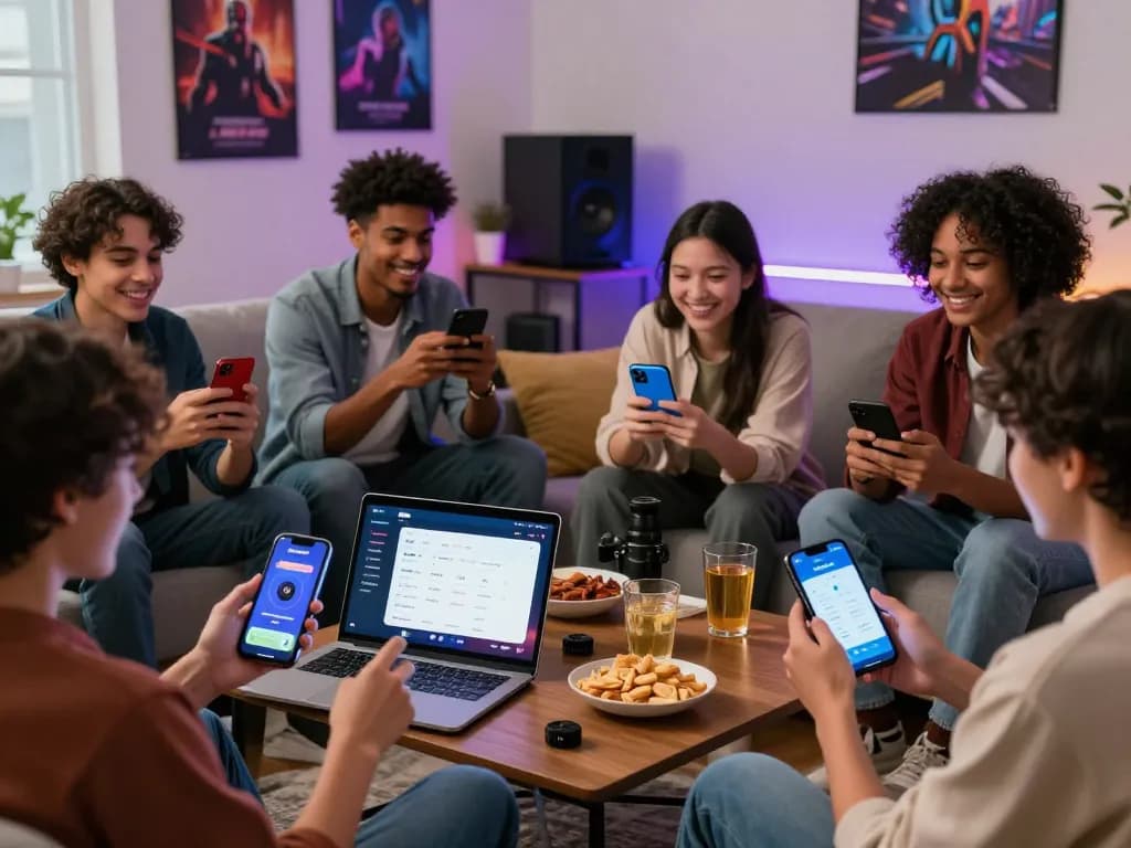 Engaging group enjoying mobile gaming with the tải sunwin app in a vibrant living room.