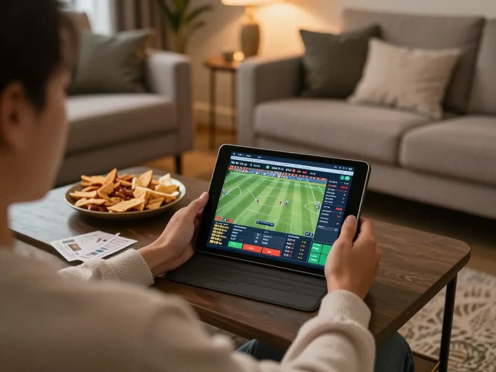 Engaging in sports betting on KU88 app from a cozy living room, displaying excitement and strategy.