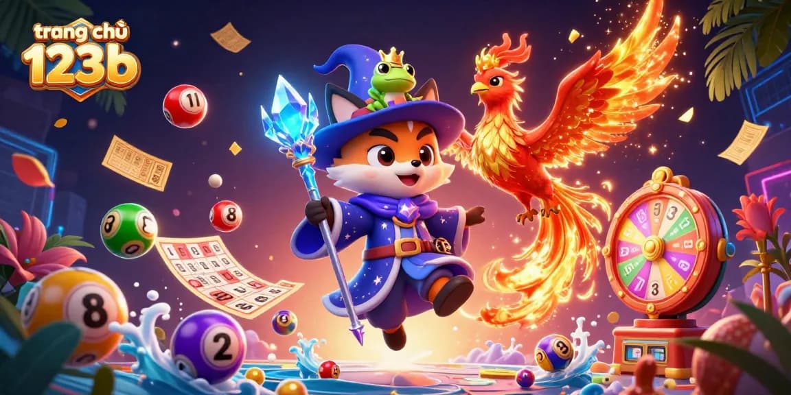 Engage with the vibrant elements of trang chủ 123b, featuring colorful lottery balls and a fantastical wizard.