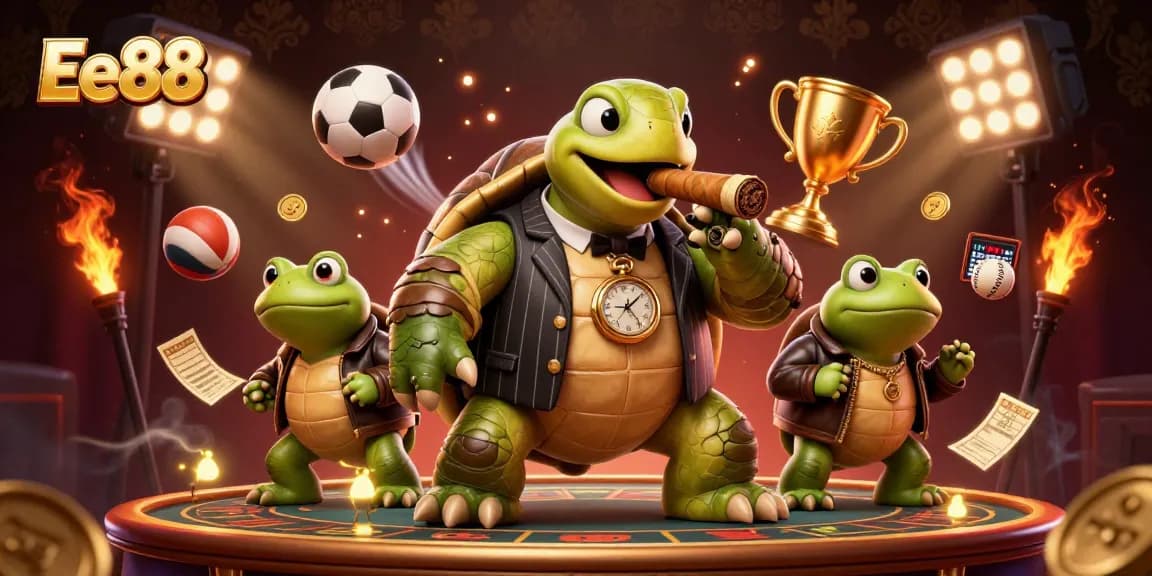 Place bets at Ee88 with a vibrant 3D casino scene featuring a turtle in a mobster suit.