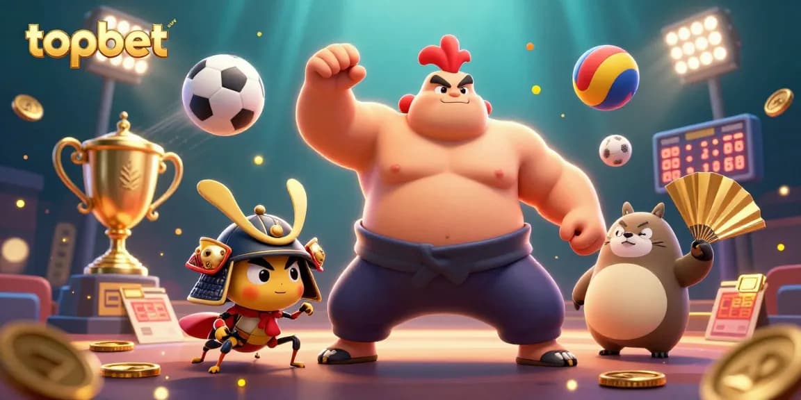 Experience dynamic gaming at topbet with a lively 3D illustration of powerful characters amidst vibrant sports elements.