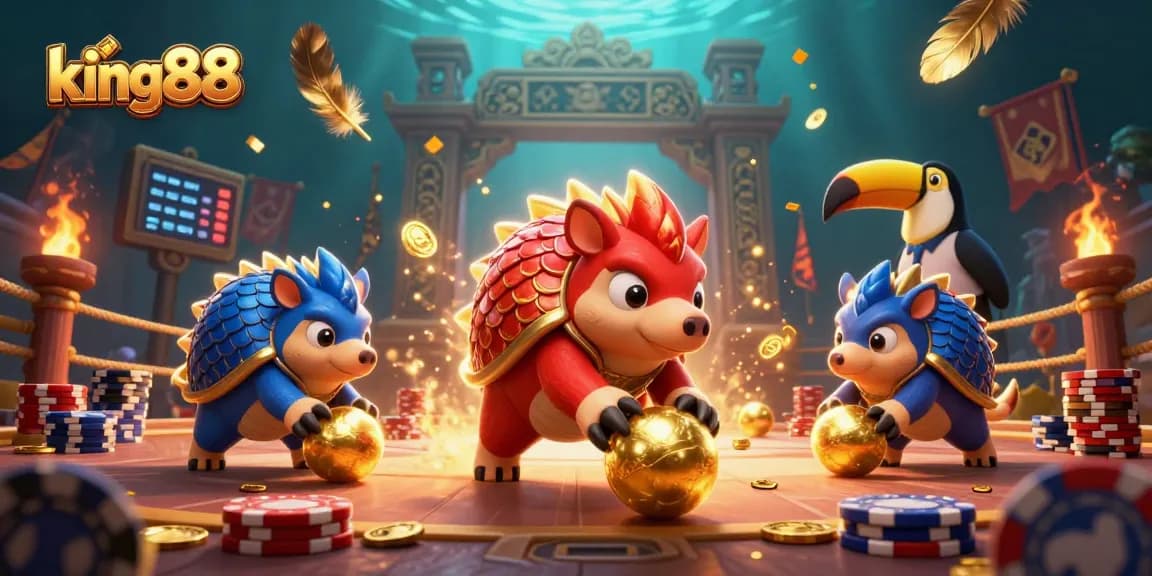 Experience king88's dynamic casino excitement with rival pangolins clashing amidst golden chips.