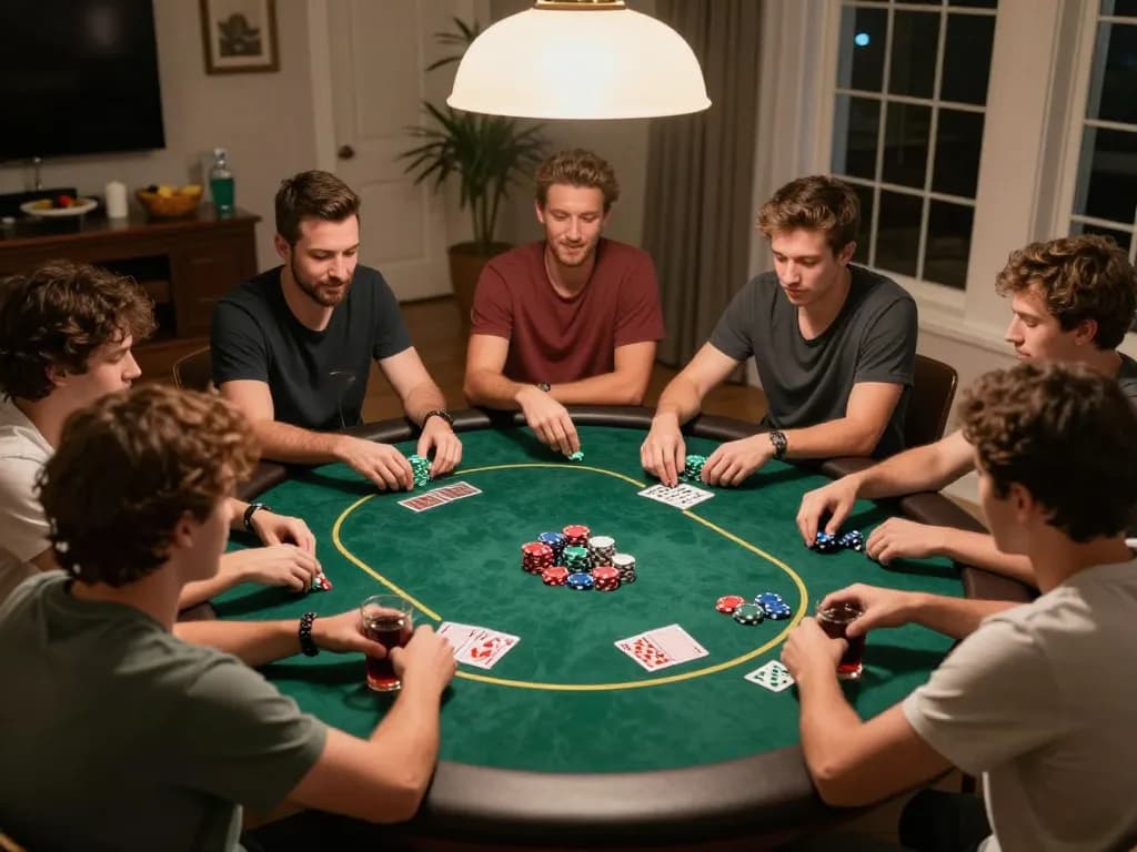 Players enjoying a spirited poker game at home, highlighting social interaction with 99Win ambiance.