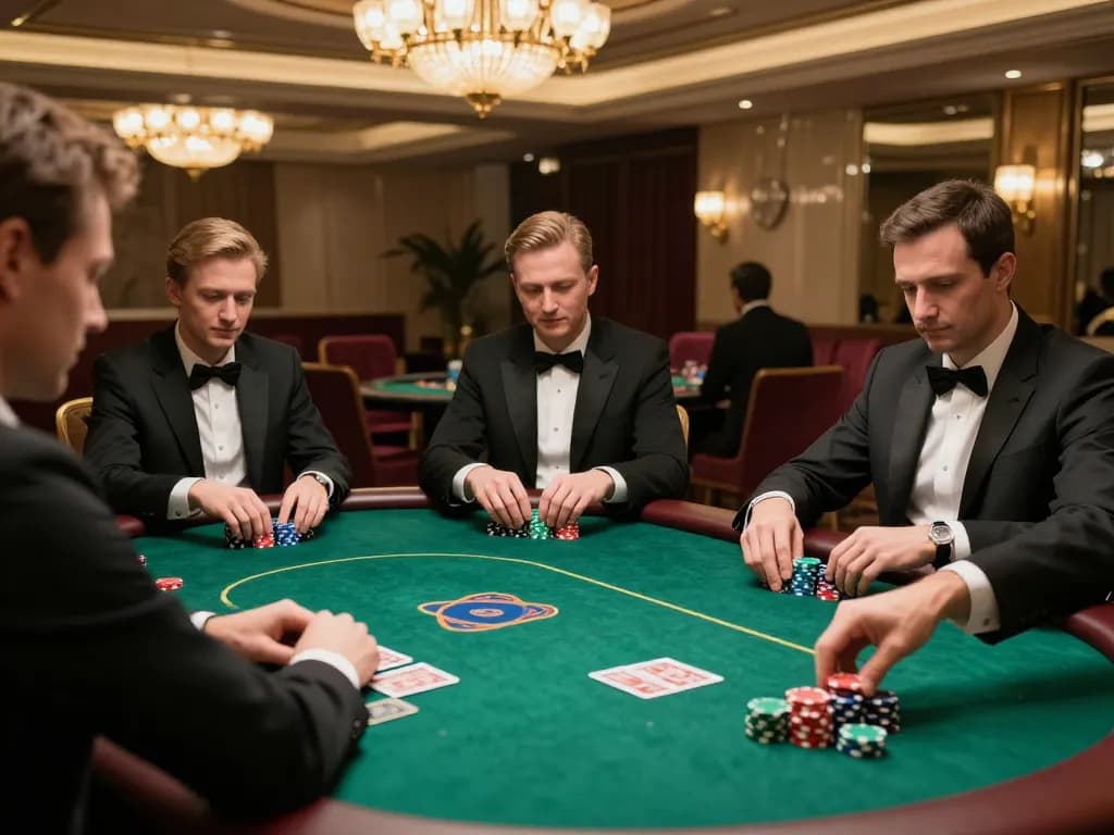KONG88 players engaged in an intense poker game at a luxurious casino table with colorful chips.