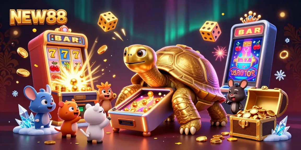 Experience the excitement of NEW88 with a golden tortoise pinball machine and vibrant casino atmosphere.