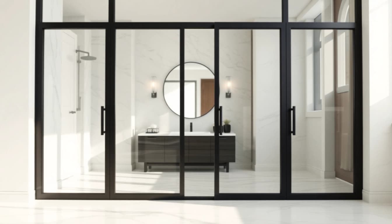 Stunning black frame shower doors featured in a modern bathroom setup, showcasing sleek design elements.