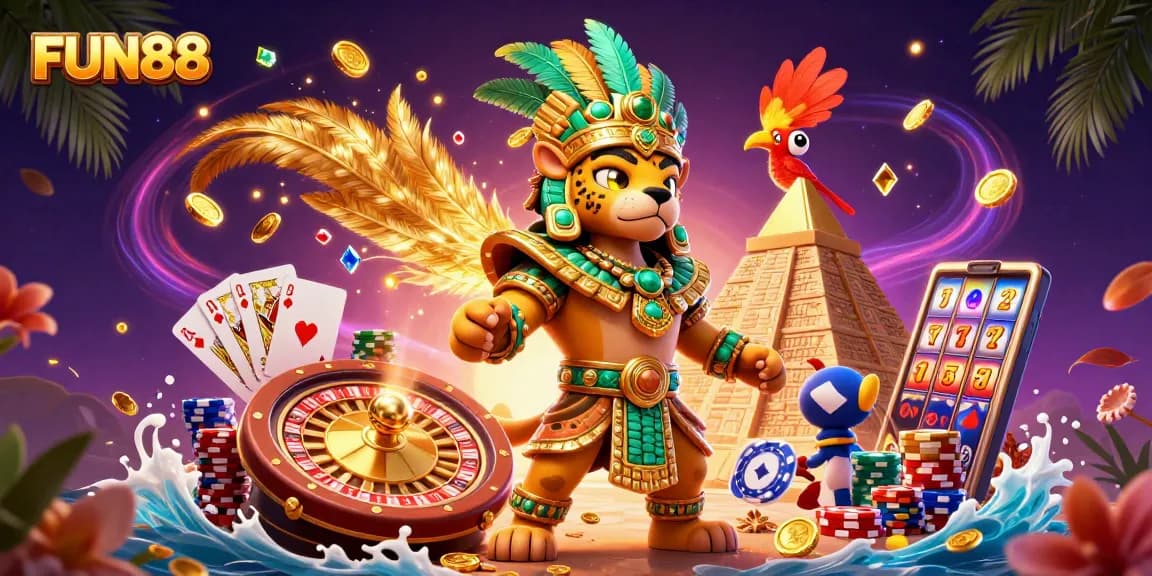 Experience excitement at FUN88 with a vibrant 3D casino illustration showcasing dynamic game elements.