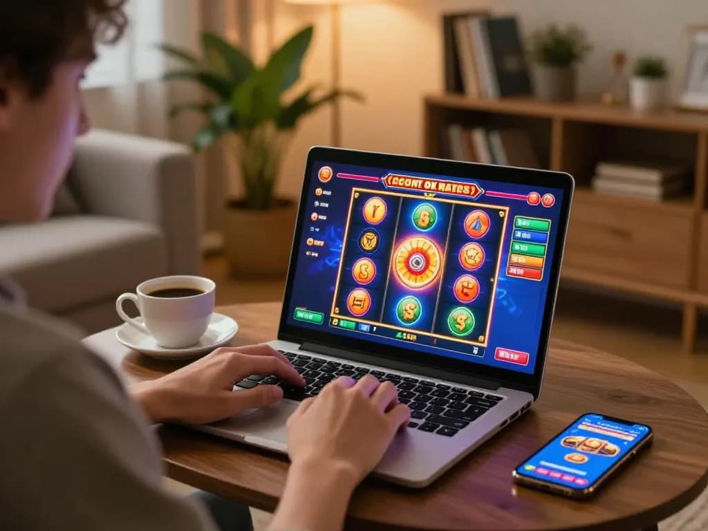 Engaging with 79win online casino game on a laptop at home, showcasing an exciting gaming atmosphere.