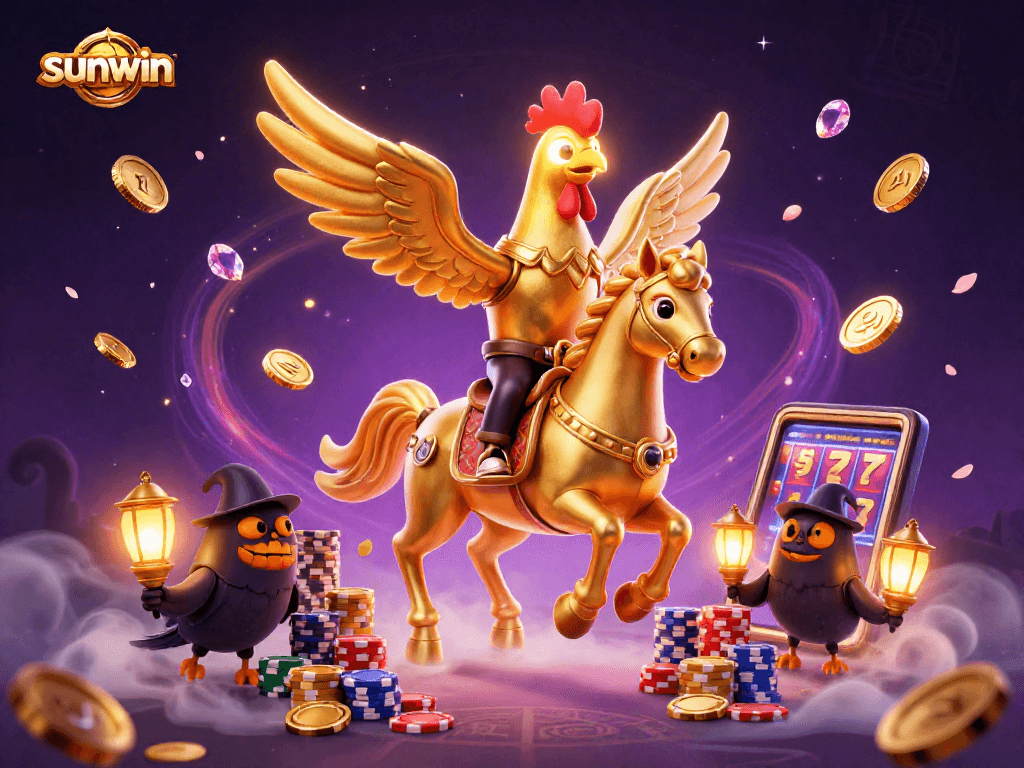 Experience sunwin as a golden rooster gallops through a mystical casino, winning treasures galore.