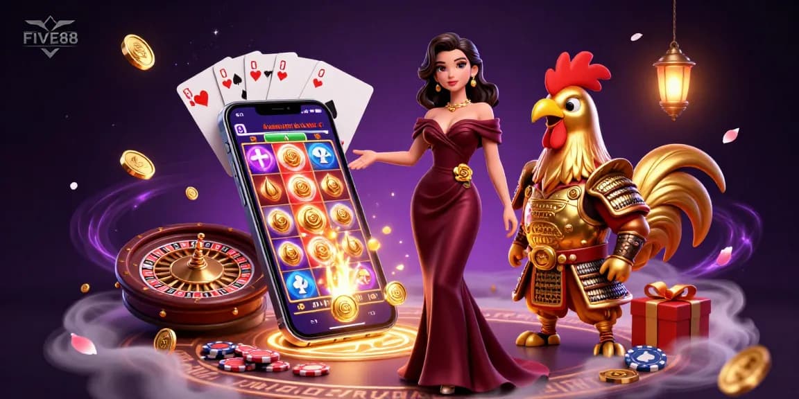 Experience the excitement of FIVE88 with a glamorous woman and golden rooster warrior in a vibrant casino scene.