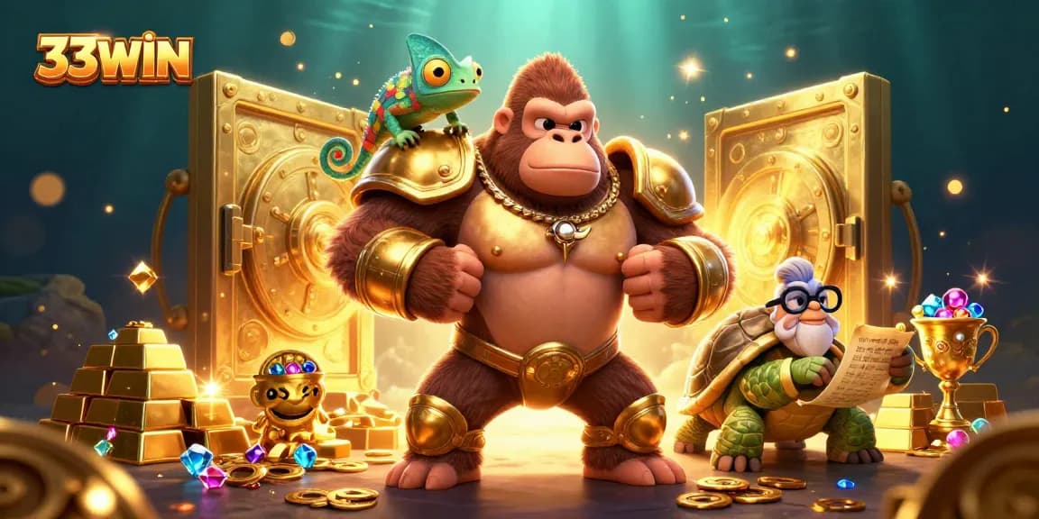 Engage in thrilling gameplay at 33WIN with an epic scene showcasing a gorilla king and treasures.