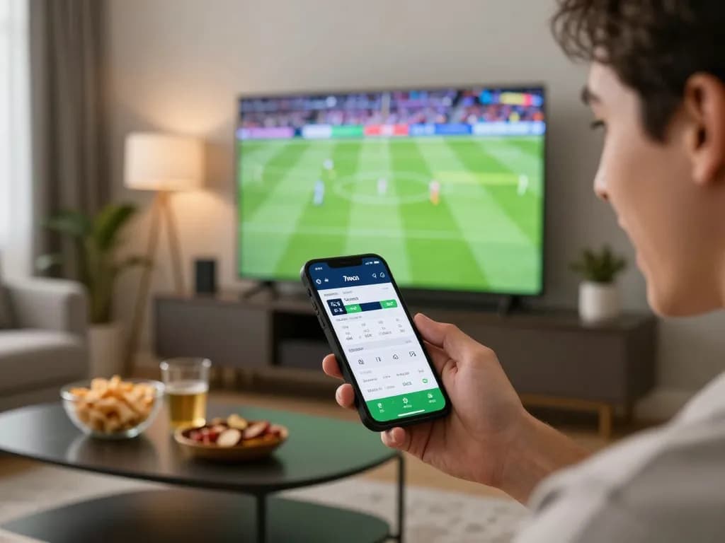 Person using the 7mcn app to place live sports bets during an exciting match