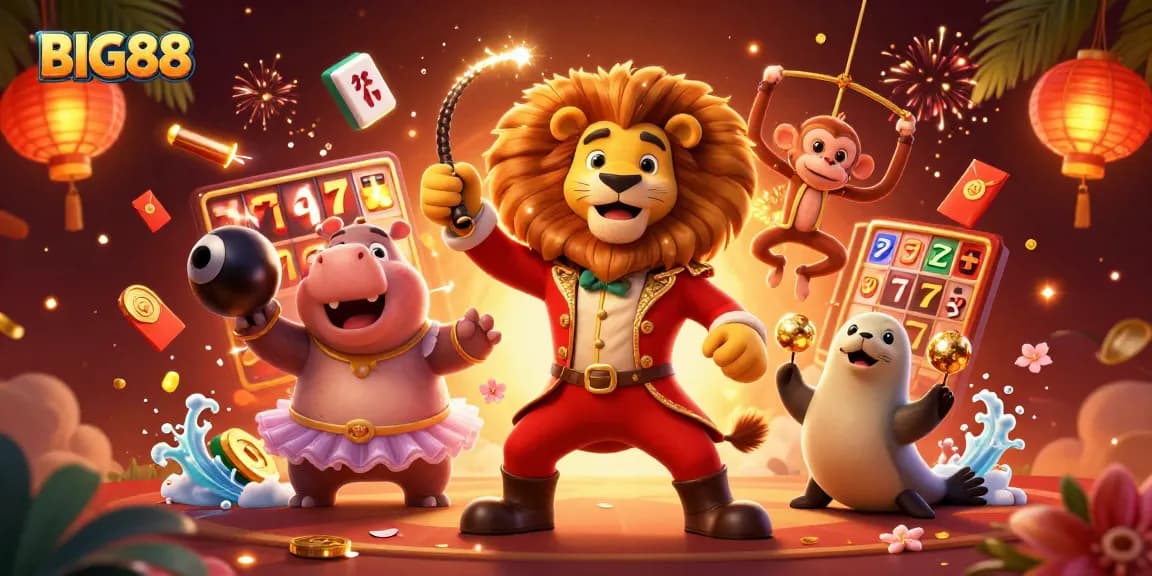Win at BIG88 with a vibrant 3D circus scene featuring slot machines and casino elements.