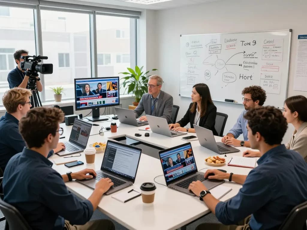 News Network team discussing latest coverage in a modern newsroom environment with collaborative setups.