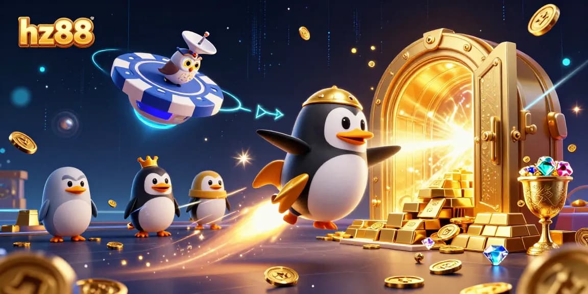 Experience thrilling gameplay with hz88 and a golden penguin amidst treasures and neon lights.