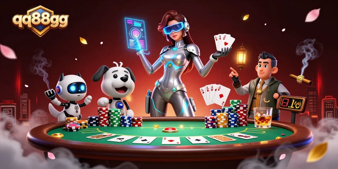 Engage with the thrilling qq88gg casino experience, featuring a stunning woman and a robot dog in a vibrant gaming scene.