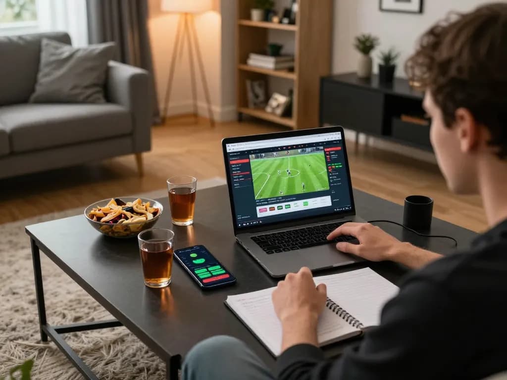 SBOBET sports betting action at home with live odds displayed on a laptop screen