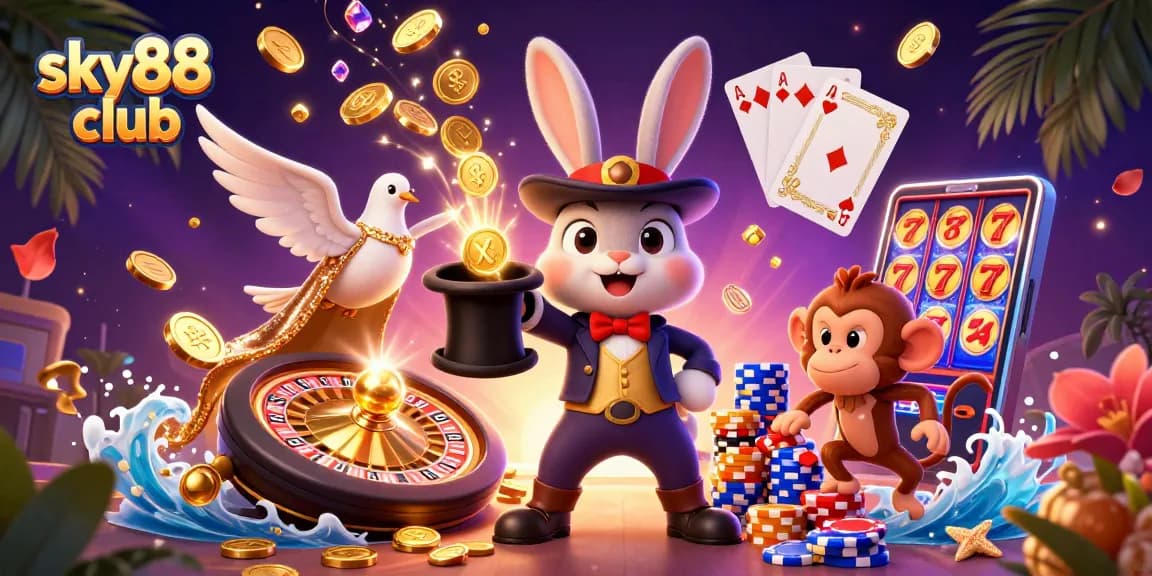 Experience the excitement of sky88 club with vibrant casino characters and dynamic gold coin action.