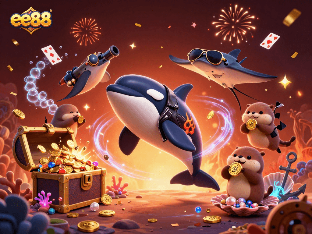 Experience thrilling wins at ee88 with a vibrant casino scene featuring characters amidst treasure and celebration.