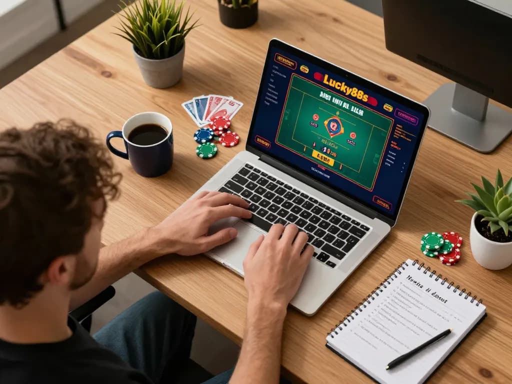 Engaged player enjoying Lucky88s online gaming experience with strategic notes and coffee.